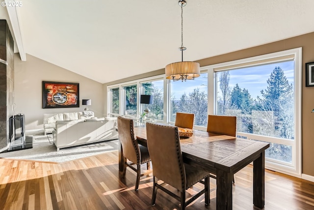 dining room featuring a wealth of natural light, lofted ceiling, and hardwood / wood-style floors