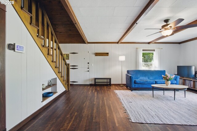 10410 SE 55th Ave, Milwaukie, OR 97222 - living area with beam ceiling, stairway, wood finished floors, ceiling fan, and wood walls
