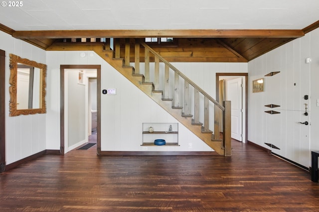 10410 SE 55th Ave, Milwaukie, OR 97222 - foyer with wood finished floors, wooden walls, baseboards, stairs, and lofted ceiling