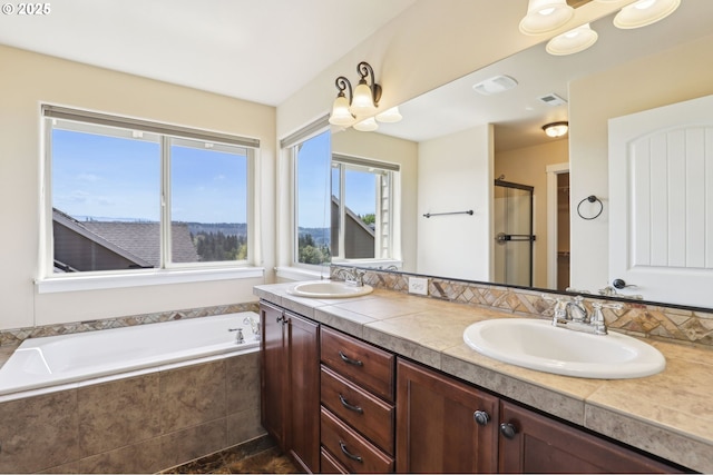 bathroom with a sink, a garden tub, an enclosed shower, and double vanity