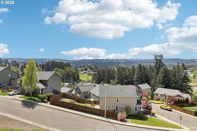 birds eye view of property with a view of trees and a residential view