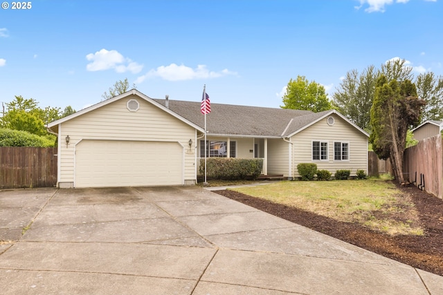 single story home with concrete driveway, an attached garage, a porch, and roof with shingles