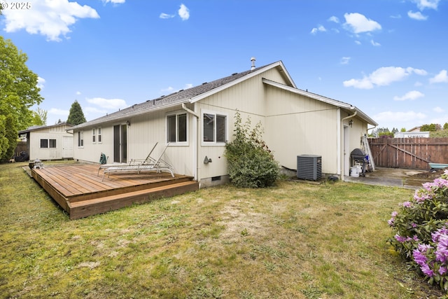 back of property featuring a wooden deck, cooling unit, and crawl space