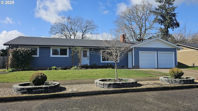 single story home with an attached garage, a chimney, a front lawn, and concrete driveway