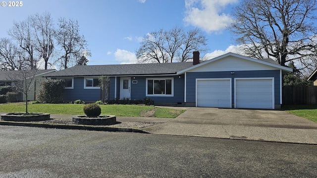 single story home with a chimney, fence, a garage, driveway, and a front lawn