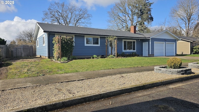 single story home with an attached garage, fence, driveway, a chimney, and a front yard