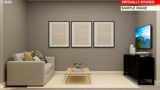 living area featuring baseboards and carpet floors