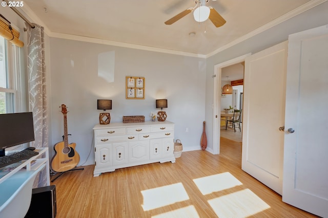 12545 SW Fairfield St, Beaverton, OR 97005 - bedroom featuring light wood-style floors, ornamental molding, baseboards, and a ceiling fan