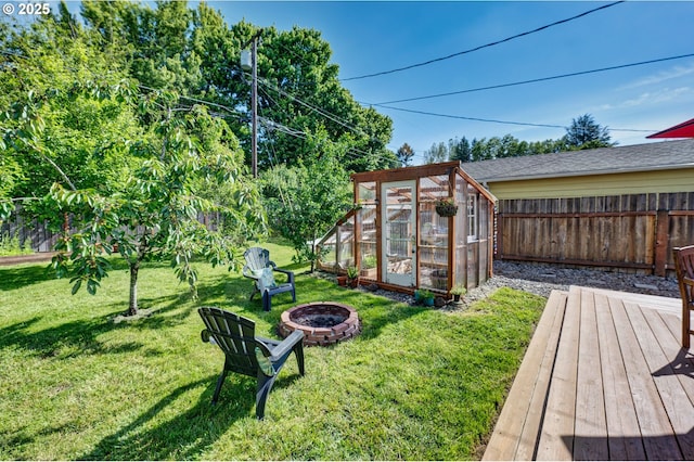 12545 SW Fairfield St, Beaverton, OR 97005 - view of yard with a greenhouse, an outdoor fire pit, an outdoor structure, and a deck