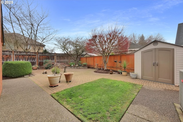 view of yard featuring a shed and a patio area