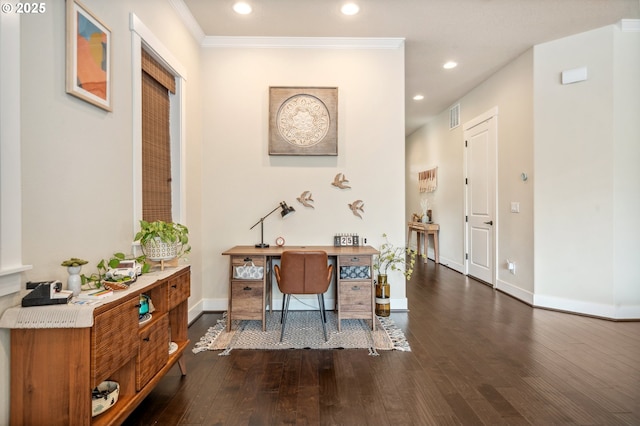 13372 SW Aubergine Ter, Sherwood, OR 97140 - office with recessed lighting, baseboards, visible vents, and dark wood-style floors