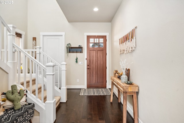 13372 SW Aubergine Ter, Sherwood, OR 97140 - foyer entrance featuring baseboards, recessed lighting, dark wood-type flooring, and stairway