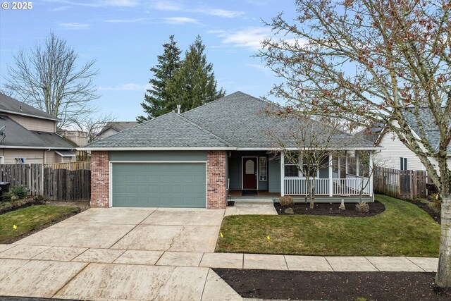 ranch-style home with a porch, a garage, and a front yard