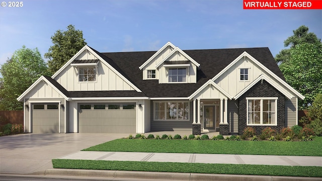 view of front of home featuring a front yard, driveway, an attached garage, board and batten siding, and brick siding