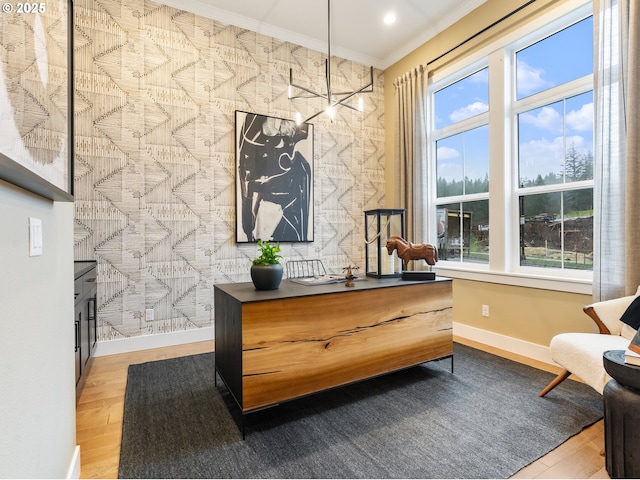 office space with hardwood / wood-style flooring, ornamental molding, and a wealth of natural light