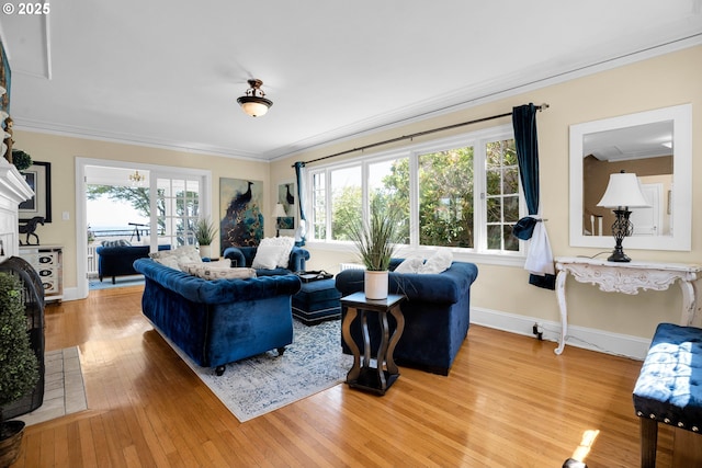 living area with ornamental molding, a wealth of natural light, light wood-style flooring, and baseboards