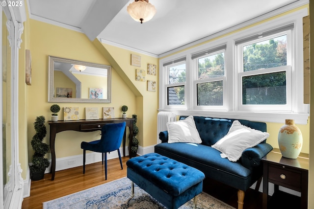 living area featuring baseboards, ornamental molding, wood finished floors, and radiator