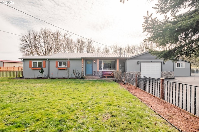 single story home with driveway, a front lawn, fence, metal roof, and a garage