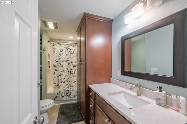 bathroom with visible vents, shower / tub combo, toilet, and vanity