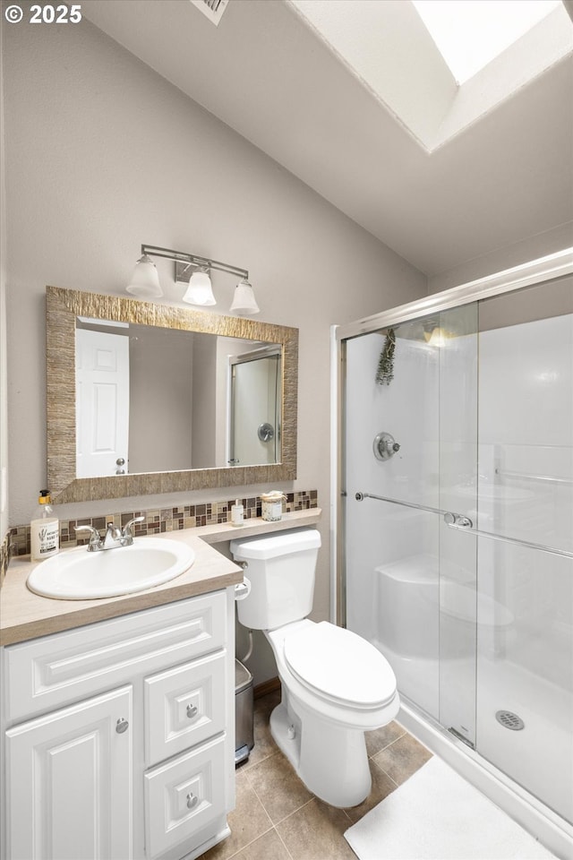 1573 SE 67th Ave, Hillsboro, OR 97123 - full bath featuring a shower stall, toilet, vanity, vaulted ceiling, and tasteful backsplash