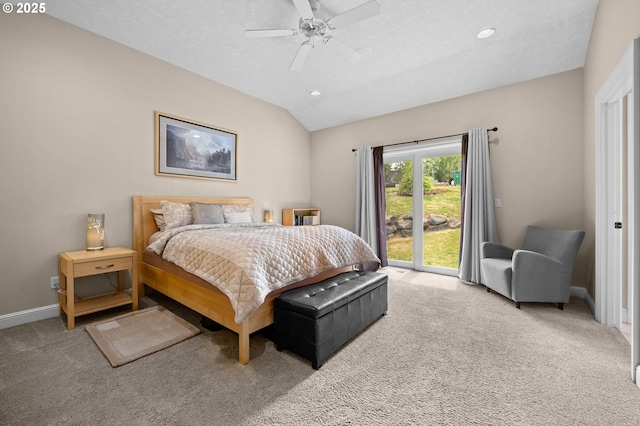 6420 SE Dunbar Dr, Portland, OR 97236 - carpeted bedroom with access to exterior, lofted ceiling, recessed lighting, and a ceiling fan