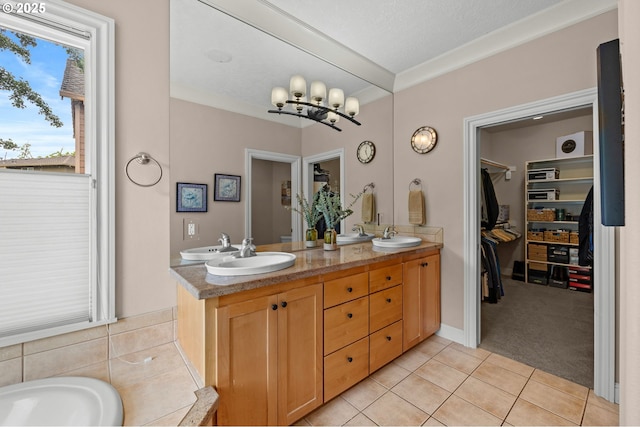 6420 SE Dunbar Dr, Portland, OR 97236 - full bathroom with double vanity, a walk in closet, tile patterned flooring, and a bath