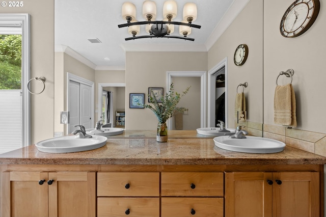 6420 SE Dunbar Dr, Portland, OR 97236 - full bathroom with double vanity, ornamental molding, and a chandelier