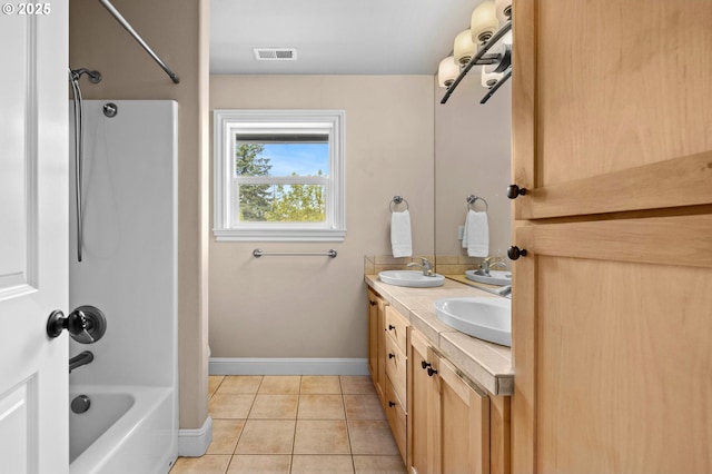 6420 SE Dunbar Dr, Portland, OR 97236 - full bathroom with tile patterned flooring, double vanity, and shower / washtub combination