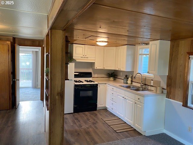 681 SE Neptune Ave, Lincoln City, OR 97367 - kitchen featuring gas range, a sink, under cabinet range hood, healthy amount of natural light, and wood walls