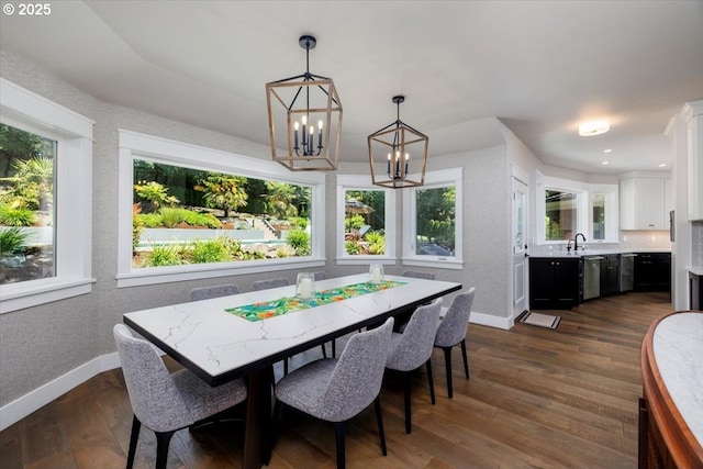 1051 Forest Meadows Way, Lake Oswego, OR 97034 - dining area featuring a chandelier, dark wood-type flooring, and baseboards