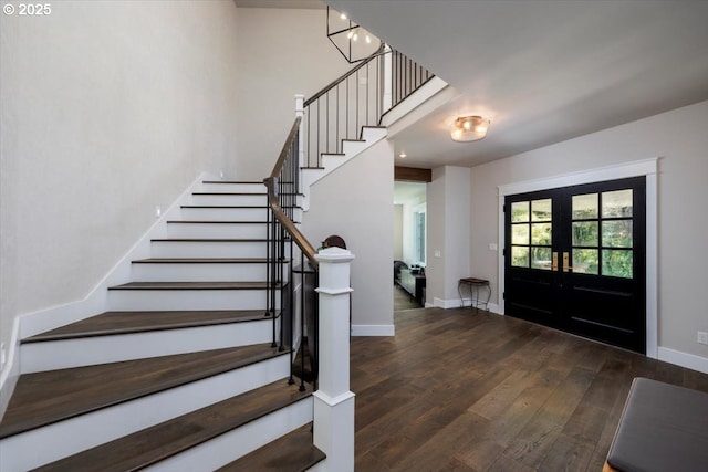 1051 Forest Meadows Way, Lake Oswego, OR 97034 - entrance foyer featuring french doors, wood finished floors, stairway, and baseboards