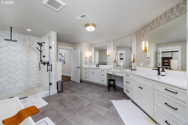 1051 Forest Meadows Way, Lake Oswego, OR 97034 - bathroom with a stall shower, vanity, a freestanding tub, and baseboards