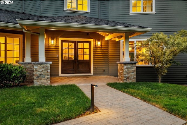 1051 Forest Meadows Way, Lake Oswego, OR 97034 - doorway to property featuring covered porch and roof with shingles