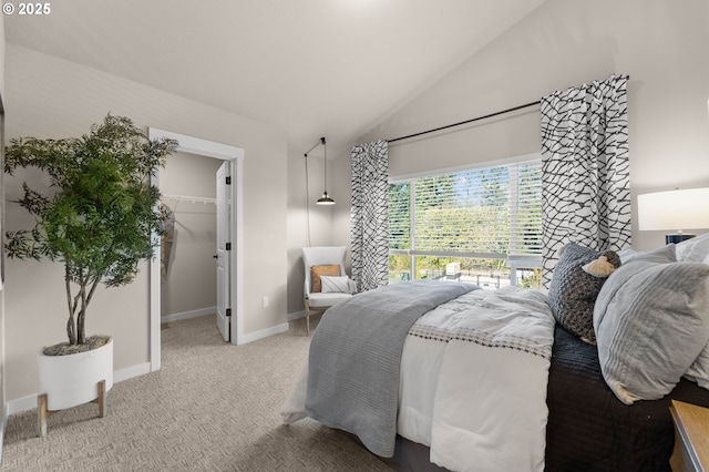 carpeted bedroom with a closet, vaulted ceiling, a spacious closet, and baseboards