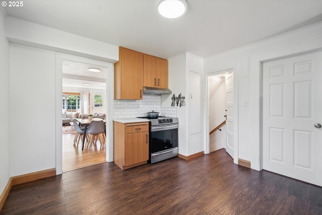 2055 N Alberta St, Portland, OR 97217 - kitchen with electric range, dark wood-style floors, light countertops, decorative backsplash, and under cabinet range hood