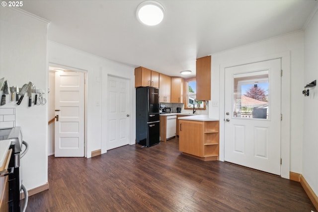 2055 N Alberta St, Portland, OR 97217 - kitchen featuring dishwasher, freestanding refrigerator, dark wood-type flooring, light countertops, and open shelves