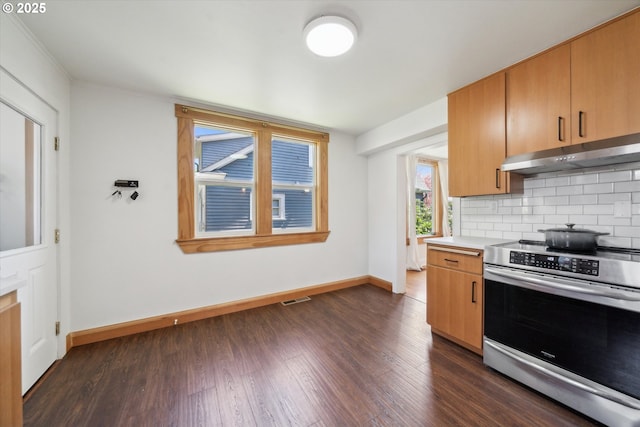 2055 N Alberta St, Portland, OR 97217 - kitchen with stainless steel electric stove, under cabinet range hood, baseboards, tasteful backsplash, and dark wood-style flooring