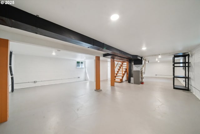 2055 N Alberta St, Portland, OR 97217 - finished below grade area with stairs, heating unit, and recessed lighting