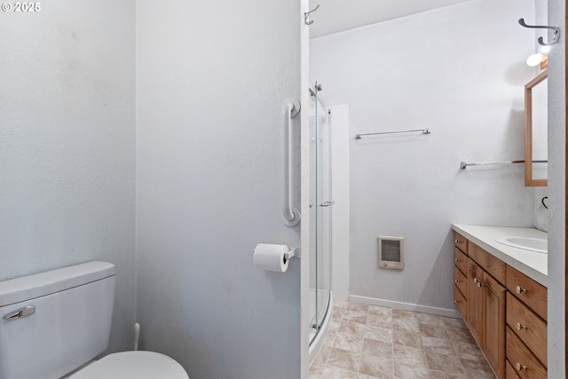 2170 Hubbard Creek Rd, Umpqua, OR 97486 - bathroom featuring vanity, toilet, heating unit, and a shower stall