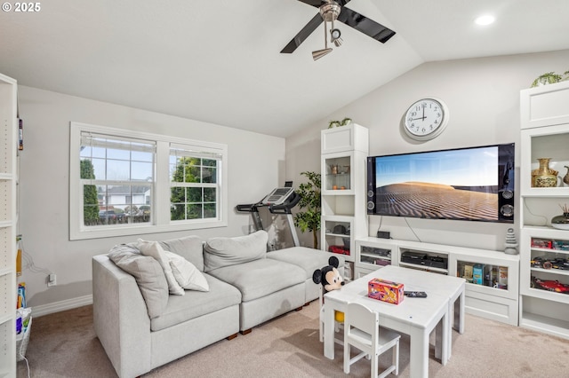 living room featuring light carpet, lofted ceiling, and ceiling fan