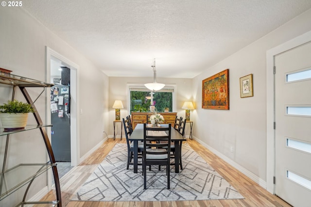 dining space featuring a textured ceiling, light wood finished floors, and a healthy amount of sunlight