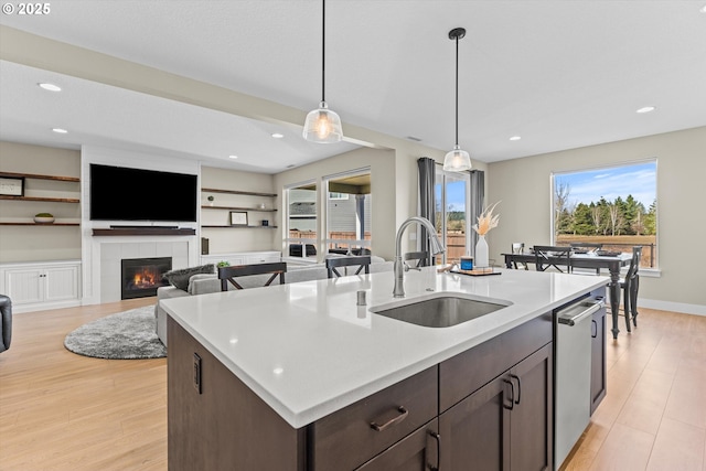 kitchen featuring stainless steel dishwasher, a sink, dark brown cabinetry, and light wood-style floors