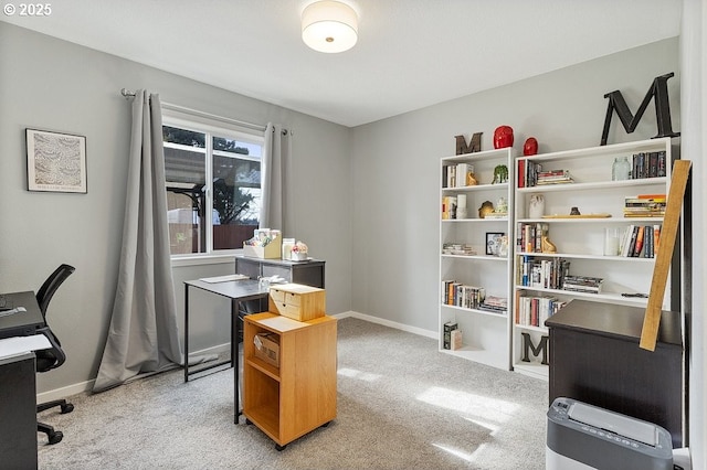 office area with light carpet and baseboards