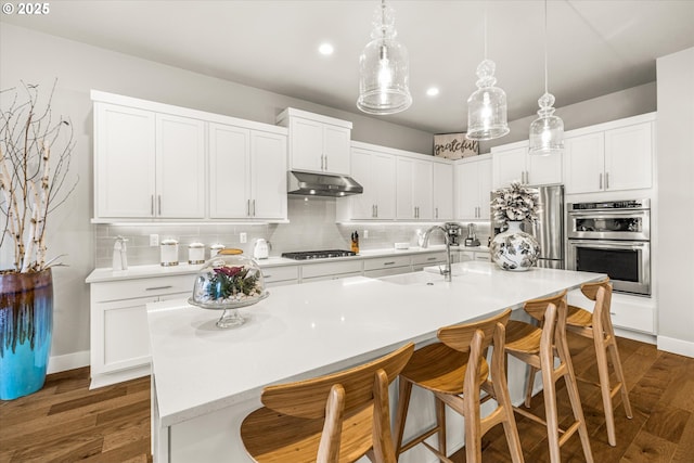 kitchen with a sink, under cabinet range hood, stainless steel appliances, light countertops, and decorative backsplash