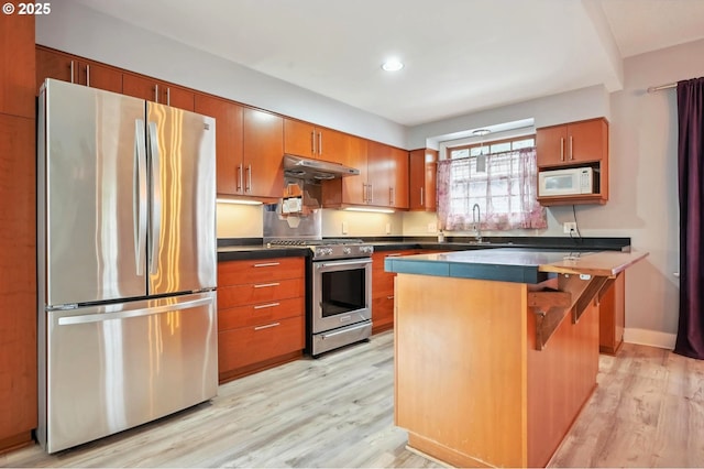 kitchen with under cabinet range hood, dark countertops, light wood-type flooring, and appliances with stainless steel finishes