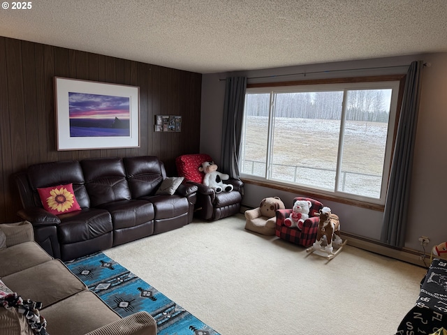 76984 Palmer Junction Rd, Elgin, OR 97827 - living area with a baseboard radiator, a healthy amount of sunlight, wood walls, and carpet flooring