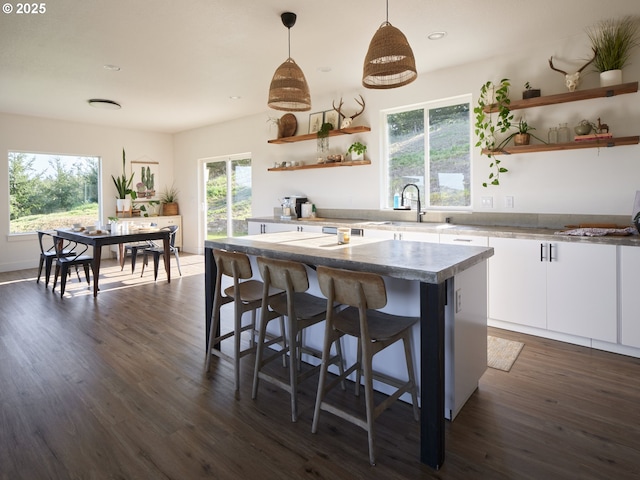 159 Bootjack Ln, Rose Valley, WA 98626 - kitchen with open shelves, a sink, a kitchen island, white cabinetry, and recessed lighting