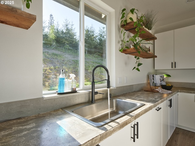 159 Bootjack Ln, Rose Valley, WA 98626 - kitchen with open shelves, a sink, plenty of natural light, and white cabinetry