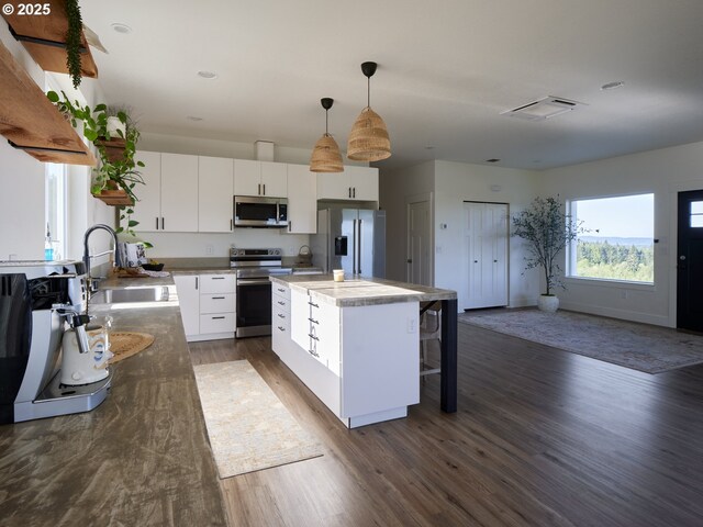 159 Bootjack Ln, Rose Valley, WA 98626 - kitchen featuring appliances with stainless steel finishes, a sink, dark wood finished floors, and white cabinetry