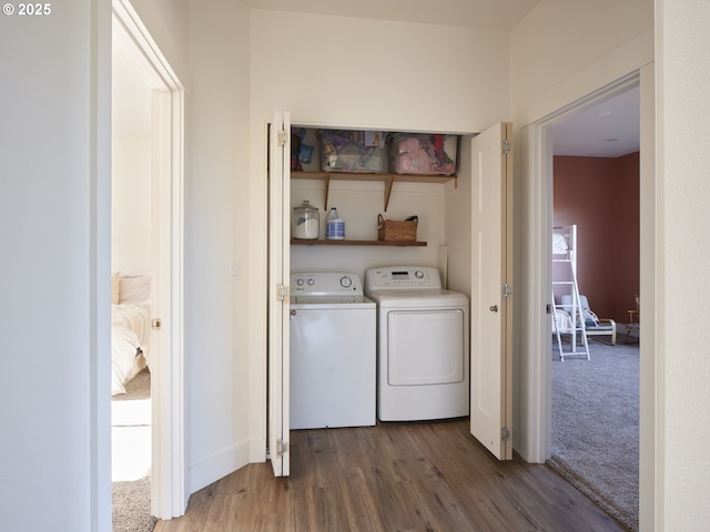 159 Bootjack Ln, Rose Valley, WA 98626 - laundry room featuring independent washer and dryer, wood finished floors, and carpet flooring